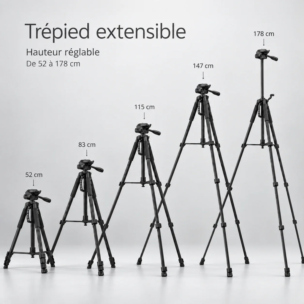 Trépied Appareil Photo 178 CM Aluminium - vue de détail du trépied pour appareil photo, Reflex, Hybride & Smartphone, Vis 1/4", Grips Mousse & Sac inclus