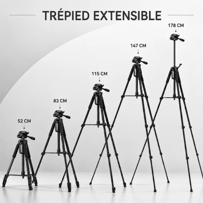 Infographie trépied extensible noir montrant 5 hauteurs de 52 cm à 178 cm