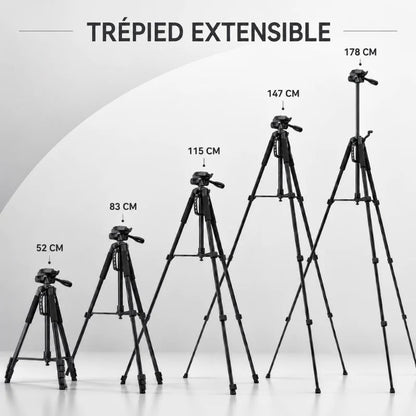 Infographie trépied extensible noir montrant 5 hauteurs de 52 cm à 178 cm