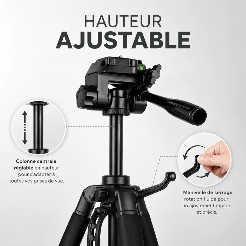 Gros plan rotule et colonne centrale du trépied noir avec colonne réglable en hauteur et manivelle de serrage à rotation fluide