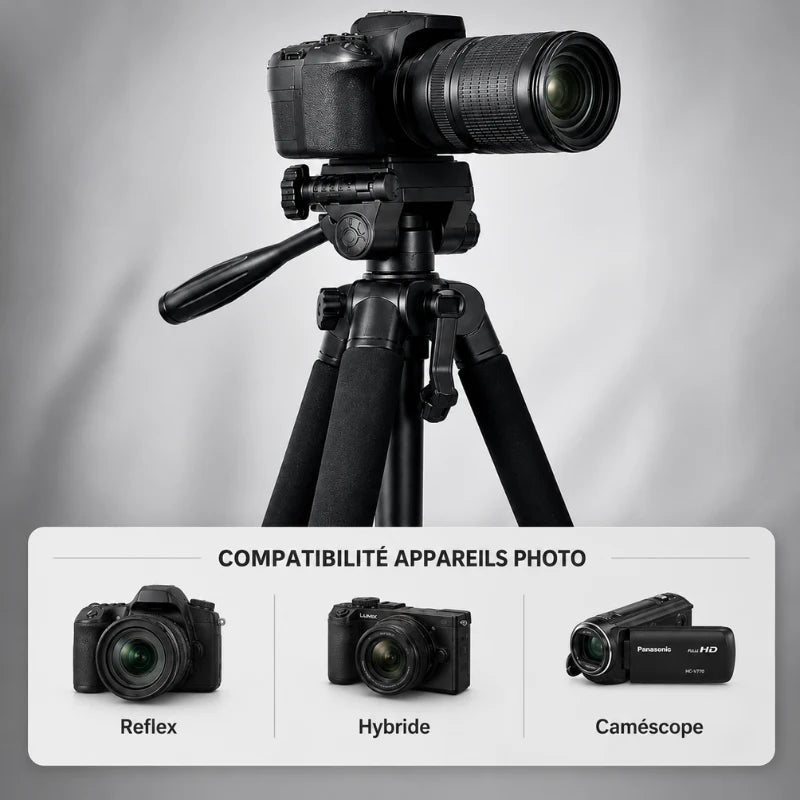 Trépied noir avec appareil photo reflex et téléobjectif monté dessus - compatibilité reflex, hybride et caméscope