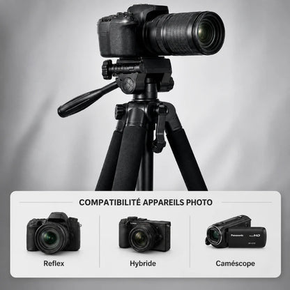 Trépied noir avec appareil photo reflex et téléobjectif monté dessus - compatibilité reflex, hybride et caméscope