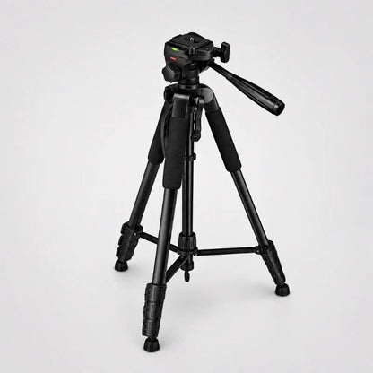 Trépied photo-vidéo noir 178 cm déployé avec grips en mousse, rotule panoramique et niveau à bulle sur fond gris