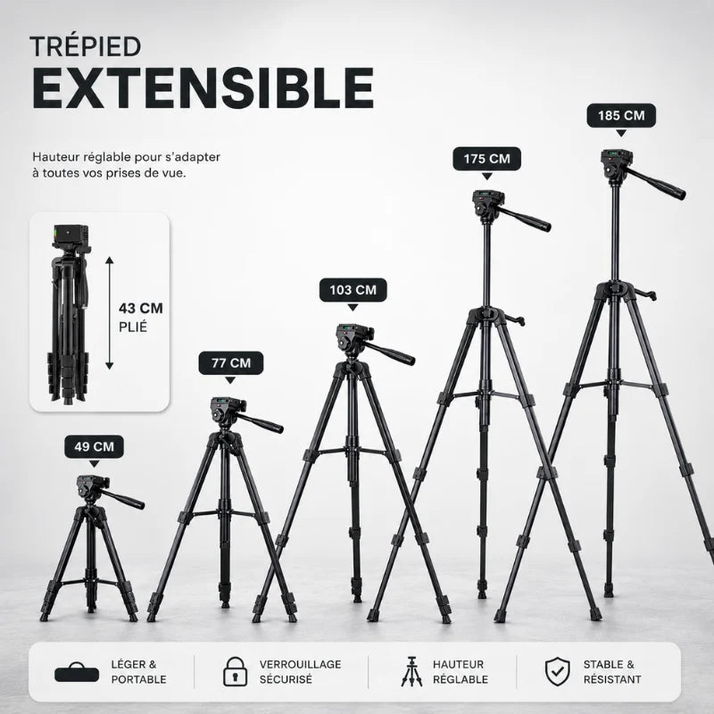 Trepied appareil photo 185 CM - Noir