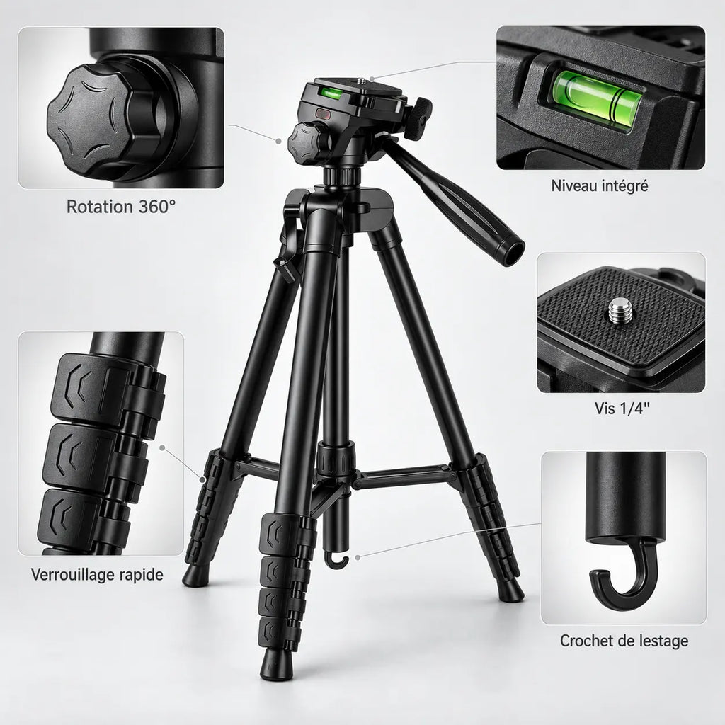 Trépied Appareil Photo 185 CM Noir Aluminium - réglage et fixation du trépied pour appareil photo, Reflex, Hybride & Smartphone, Vis 1/4" & Sac de Rangement inclus