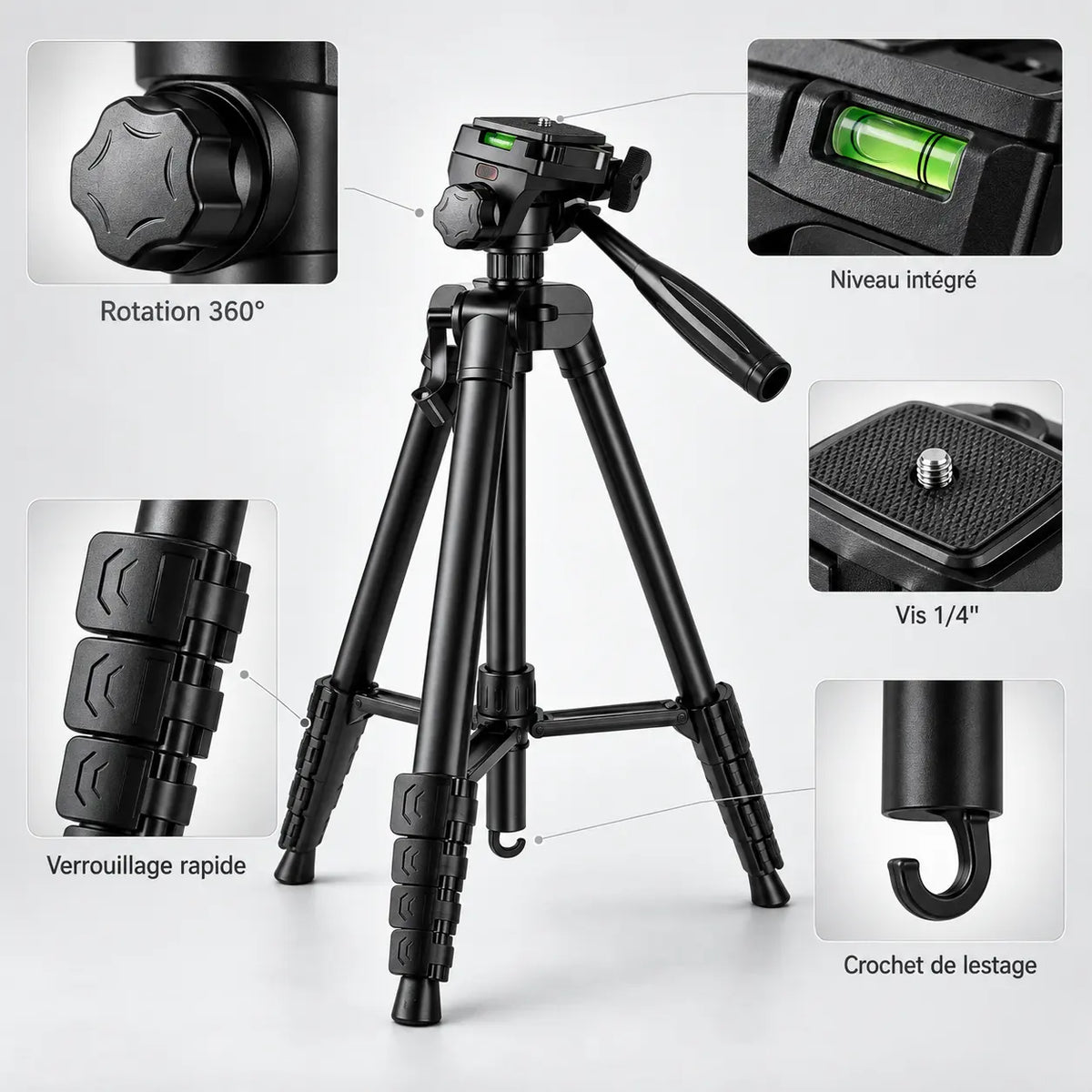 Trépied Appareil Photo 185 CM Noir Aluminium - réglage et fixation du trépied pour appareil photo, Reflex, Hybride & Smartphone, Vis 1/4" & Sac de Rangement inclus
