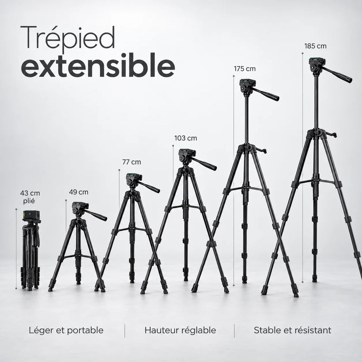 Trépied Appareil Photo 185 CM Noir Aluminium - vue de détail du trépied pour appareil photo, Reflex, Hybride & Smartphone, Vis 1/4" & Sac de Rangement inclus