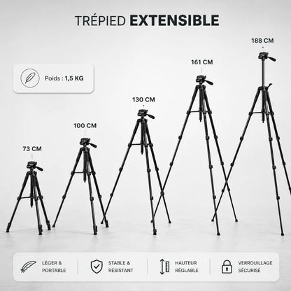 Infographie montrant le trépied extensible à cinq hauteurs de 73 cm à 188 cm, avec le poids de 1,5 kg indiqué