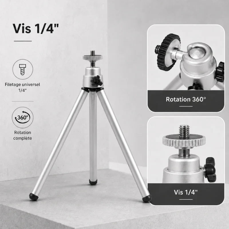 Infographie vis 1/4 trépied bureau argenté : filetage universel 1/4, rotation complete 360 degres - gros plans tête rotative et vis standard