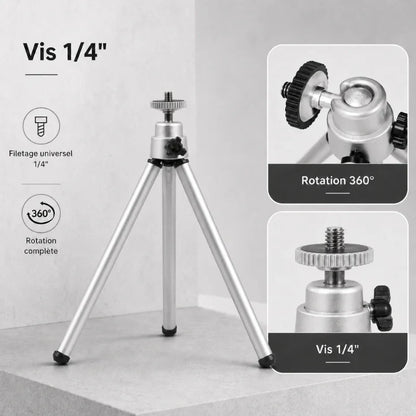 Infographie vis 1/4 trépied bureau argenté : filetage universel 1/4, rotation complete 360 degres - gros plans tête rotative et vis standard