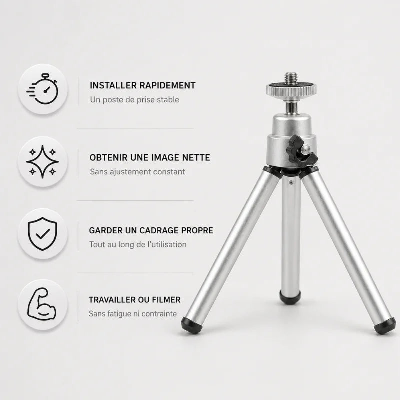 Mini trépied bureau argenté avec rotule à bille - infographie 4 avantages : installer rapidement, obtenir image nette, garder cadrage propre, travailler ou filmer sans fatigue