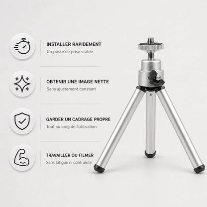 Mini trépied bureau argenté avec rotule à bille - infographie 4 avantages : installer rapidement, obtenir image nette, garder cadrage propre, travailler ou filmer sans fatigue