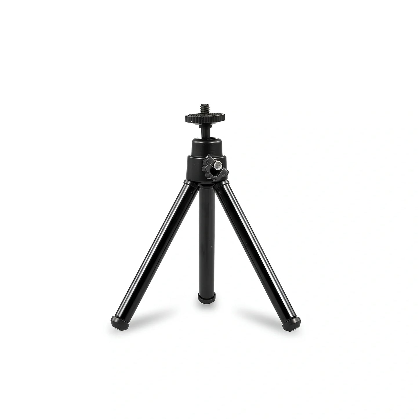 Mini trépied de bureau noir 20 cm, rotule sphérique noire avec vis de fixation en haut, trois pieds courts noirs sur fond blanc
