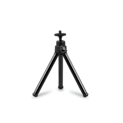 Mini trépied de bureau noir 20 cm, rotule sphérique noire avec vis de fixation en haut, trois pieds courts noirs sur fond blanc