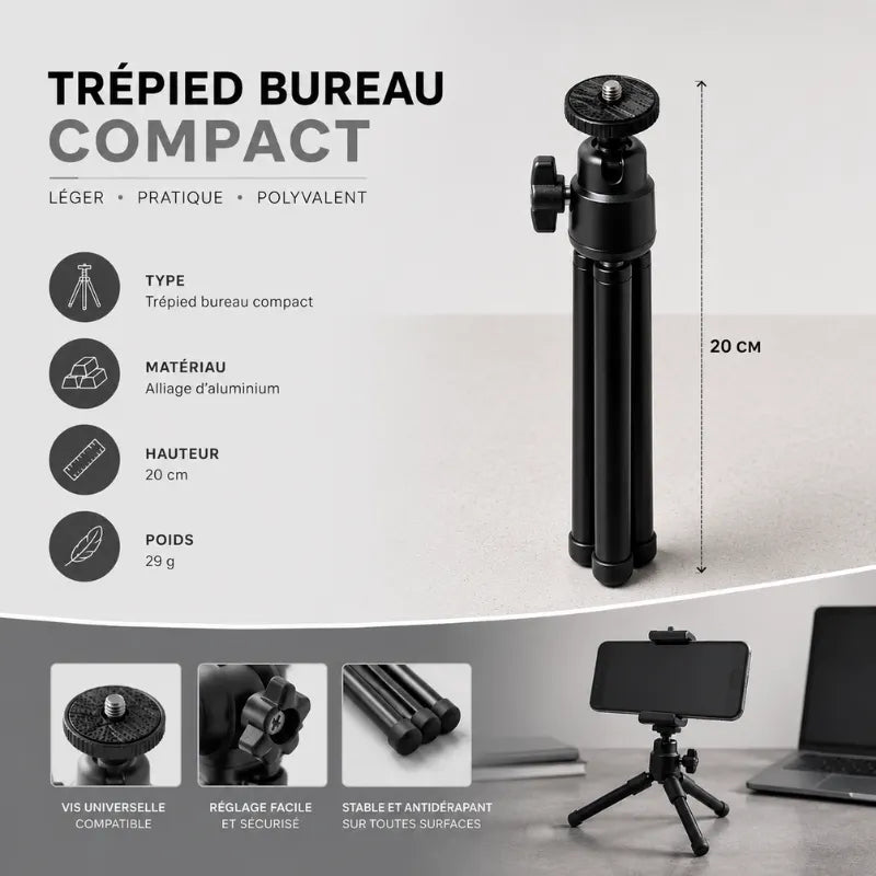 Infographie trépied bureau compact noir : matériau alliage aluminium, hauteur 20 cm, poids 29 g - vis universelle, réglage facile sécurisé, stable et antidérapant - trépied avec smartphone sur bureau