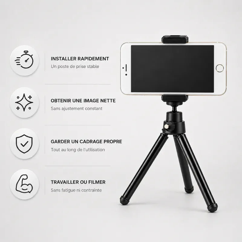 Trépied bureau noir avec smartphone blanc paysage monté - infographie 4 usages : installer rapidement, obtenir une image nette, garder un cadrage propre, travailler ou filmer sans fatigue