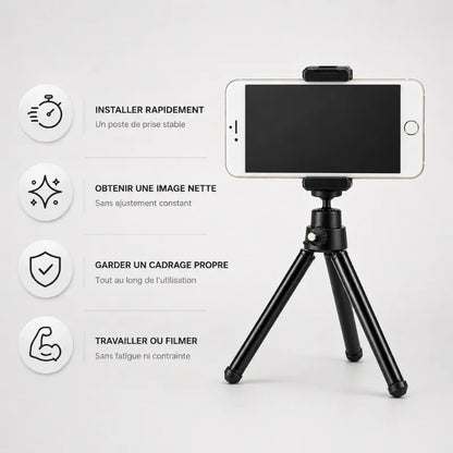 Trépied bureau noir avec smartphone blanc paysage monté - infographie 4 usages : installer rapidement, obtenir une image nette, garder un cadrage propre, travailler ou filmer sans fatigue