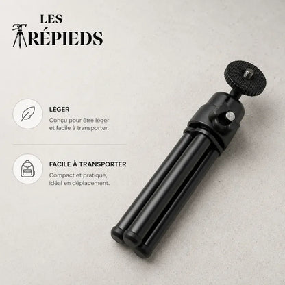 Mini trépied bureau noir replié à plat sur fond clair - logo Les Trépieds - infographie : léger, facile a transporter