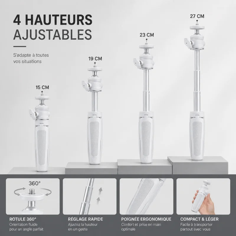Infographie mini trépied bureau blanc 4 hauteurs ajustables : 15 cm, 19 cm, 23 cm et 27 cm, rotule 360 degres, réglage rapide, poignée ergonomique, compact et léger