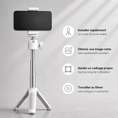 Mini trépied bureau blanc avec smartphone fixé - infographie 4 avantages : installer rapidement, image nette, cadrage propre, travailler ou filmer sans fatigue