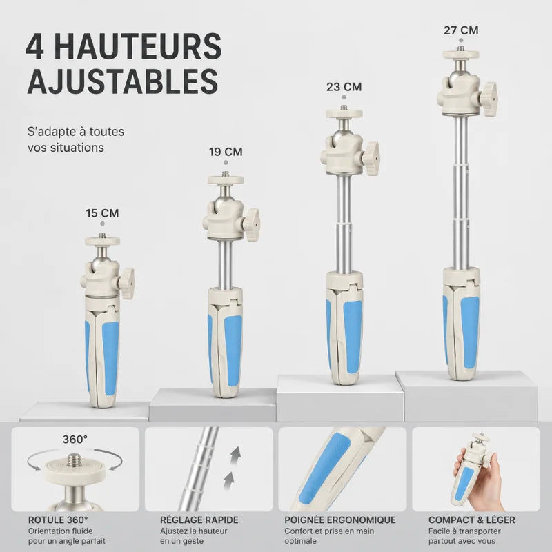 Infographie mini trépied blanc et bleu : 4 hauteurs ajustables de 15 cm à 27 cm, rotule 360 degrés, réglage rapide, poignée ergonomique, compact et léger
