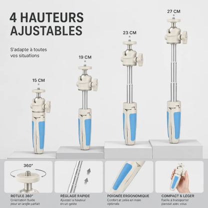 Infographie mini trépied blanc et bleu : 4 hauteurs ajustables de 15 cm à 27 cm, rotule 360 degrés, réglage rapide, poignée ergonomique, compact et léger