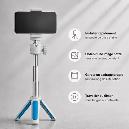 Mini trépied blanc et bleu étendu avec smartphone fixé en mode portrait - infographie 4 avantages : installation rapide, image nette, cadrage propre, filmer sans fatigue