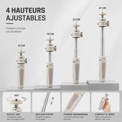 Infographie montrant les 4 hauteurs ajustables du mini trépied : 15 cm, 19 cm, 23 cm et 27 cm, avec les caractéristiques rotule 360 degrés, réglage rapide et poignée ergonomique