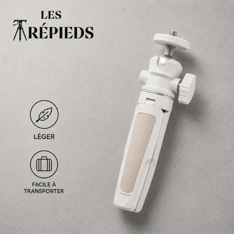 Mini trépied beige replié posé à plat sur fond gris, logo Les Trépieds, avec les mentions léger et facile à transporter