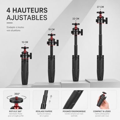 Infographie mini trépied bureau noir 4 hauteurs ajustables : 11 cm, 19 cm, 23 cm et 27 cm - rotule 360, réglage rapide, poignée ergonomique, compact et léger