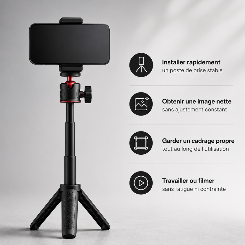 Infographie mini trépied bureau noir avec smartphone fixé - 4 avantages : installer rapidement un poste de prise stable, obtenir une image nette, garder un cadrage propre, travailler ou filmer sans fatigue