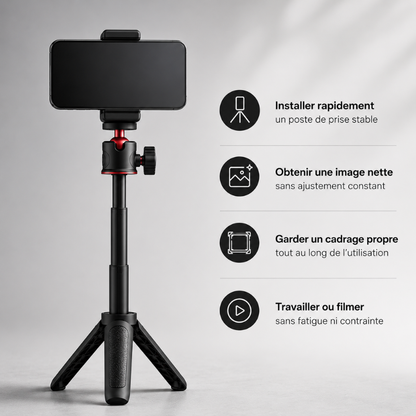 Infographie mini trépied bureau noir avec smartphone fixé - 4 avantages : installer rapidement un poste de prise stable, obtenir une image nette, garder un cadrage propre, travailler ou filmer sans fatigue