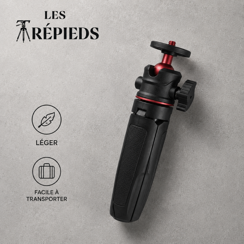 Mini trépied bureau noir replié avec rotule rouge - logo Les Trépieds - infographie : léger, facile a transporter