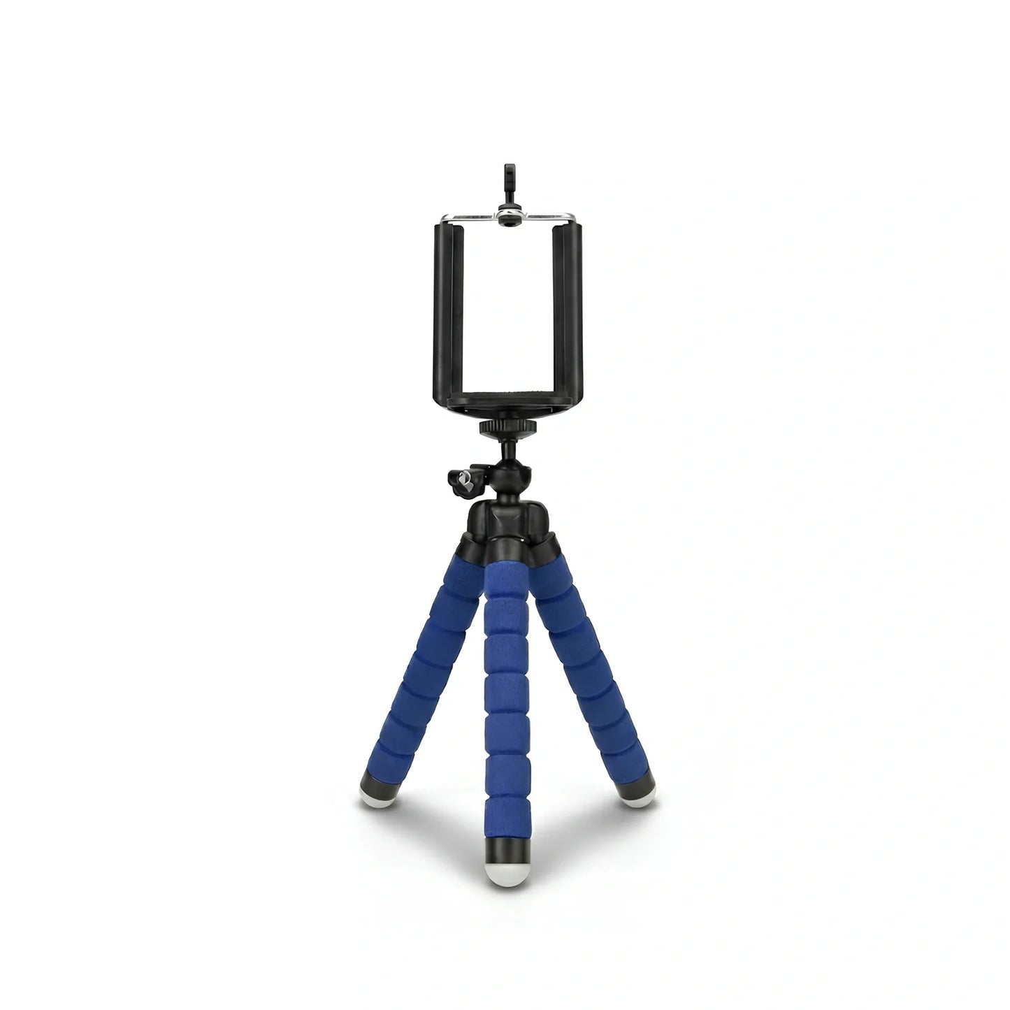 Mini trépied flexible bluetooth bleu avec support téléphone noir en pince en haut, trois jambes recouvertes de mousse bleue, sur fond blanc