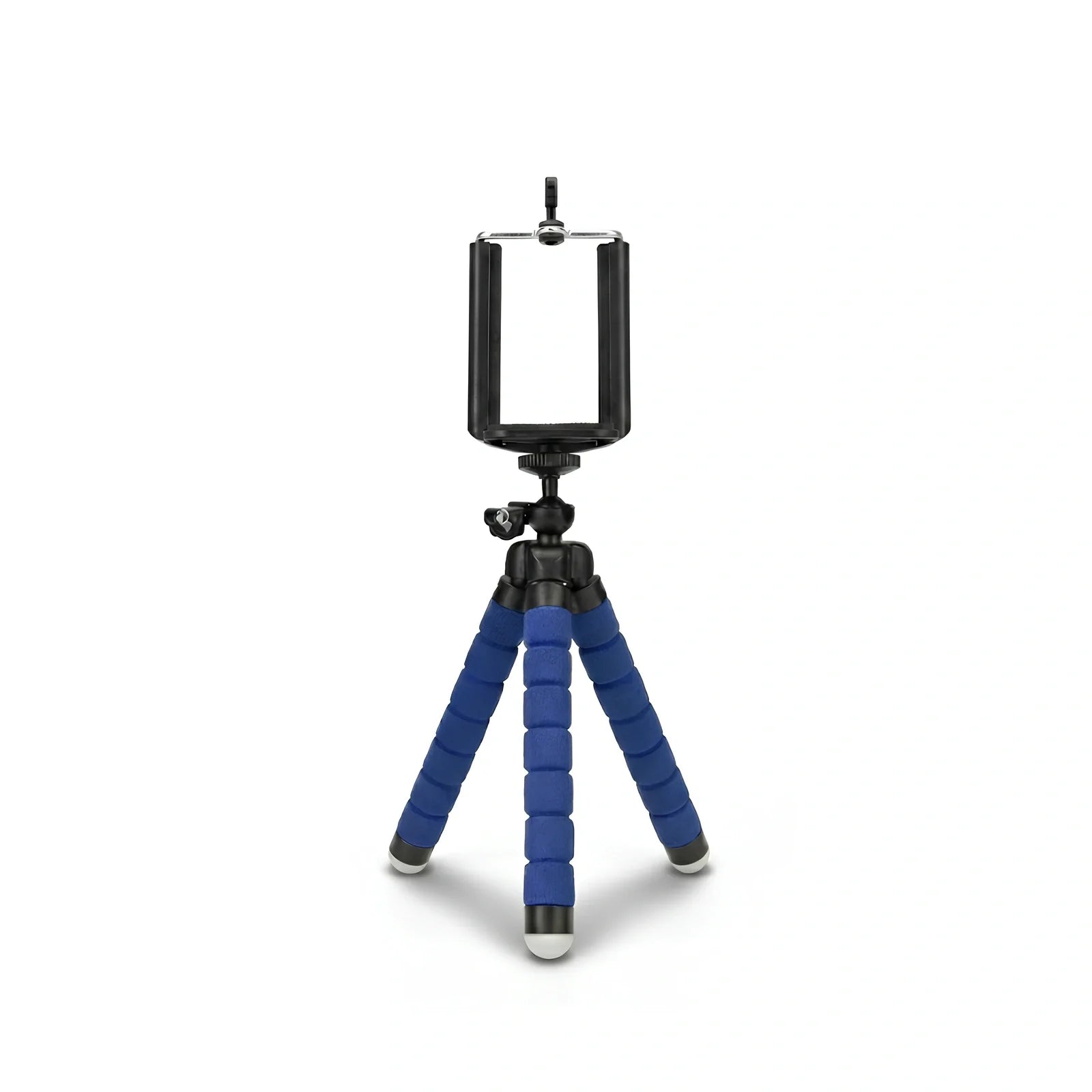 Mini trépied flexible bluetooth bleu avec support téléphone noir en pince en haut, trois jambes recouvertes de mousse bleue, sur fond blanc