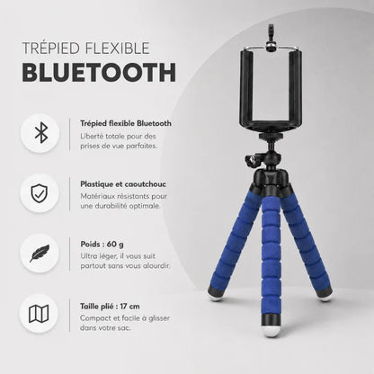 Infographie trépied flexible Bluetooth bleu : Bluetooth pour liberte totale, plastique et caoutchouc, poids 60 g, taille plie 17 cm
