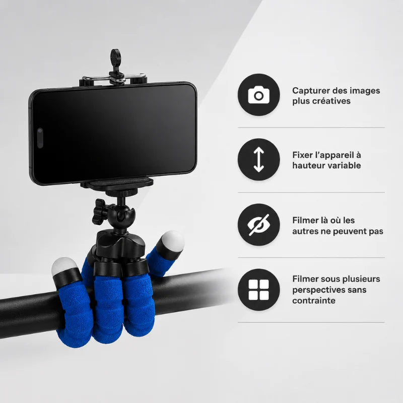 Trépied flexible bleu accroché a une barre noire avec smartphone fixé en pince noire - infographie 4 usages : capturer des images plus créatives, fixér l appareil à hauteur variable, filmer la ou les autres ne peuvent pas, filmer sous plusieurs perspectives