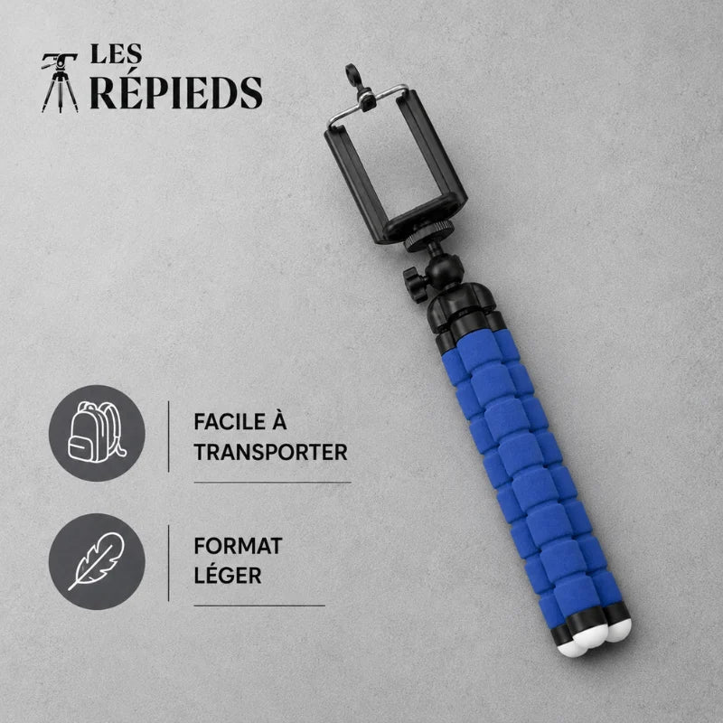 Trépied flexible bleu replié à plat avec support téléphone noir et pince - logo Les Trépieds - infographie : facile a transporter, format léger, sur fond gris beton