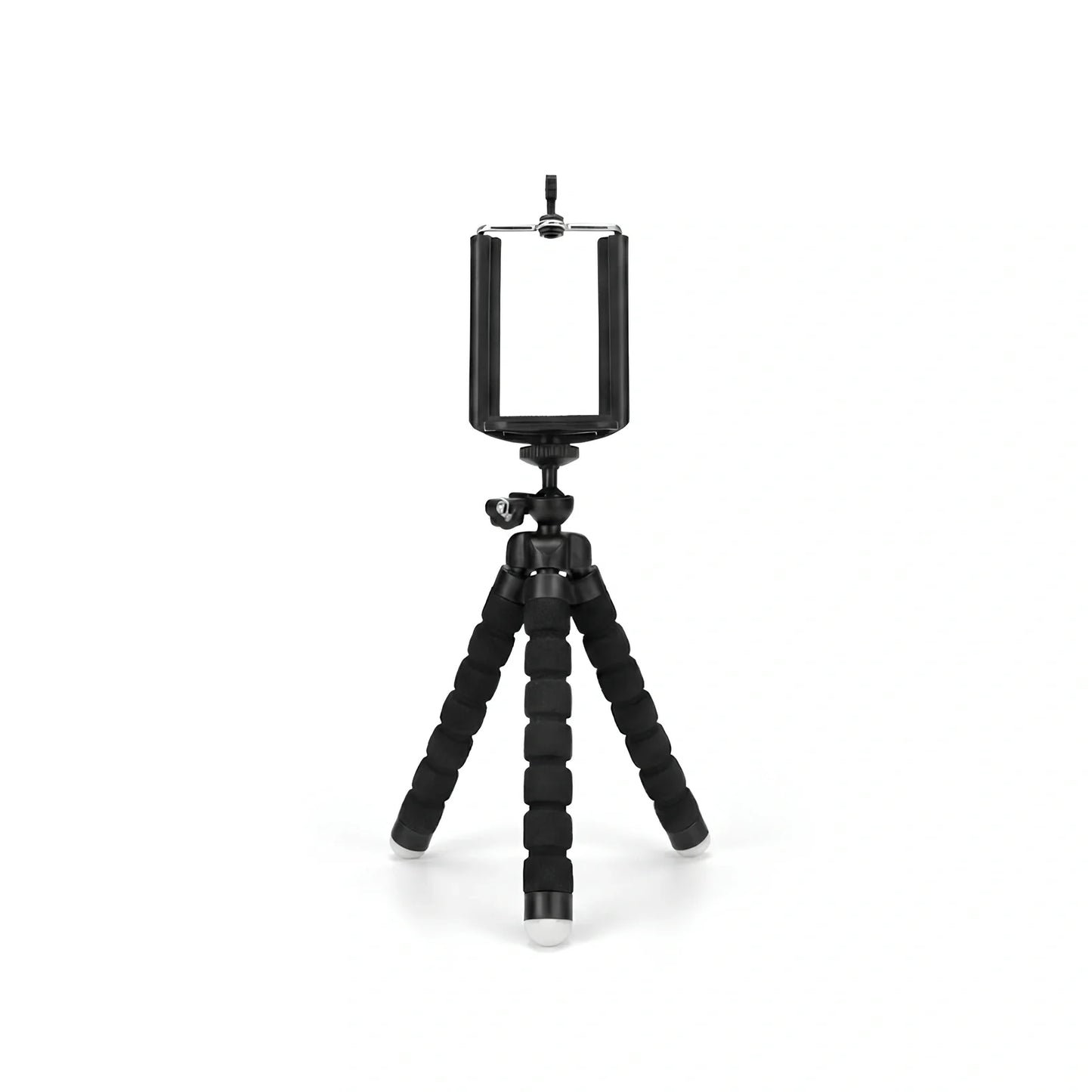 Mini trépied flexible noir avec jambes articulees en mousse et support téléphone noir en haut, rotule à bille noire, sur fond blanc
