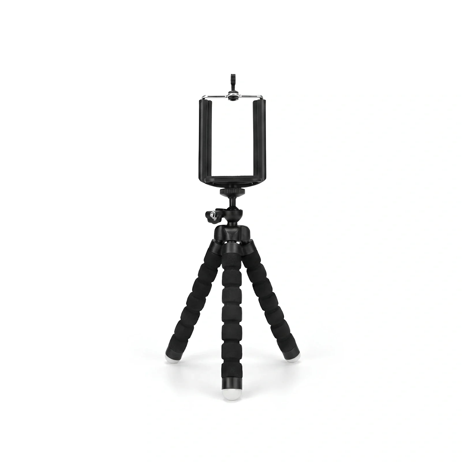Mini trépied flexible noir avec jambes articulees en mousse et support téléphone noir en haut, rotule à bille noire, sur fond blanc
