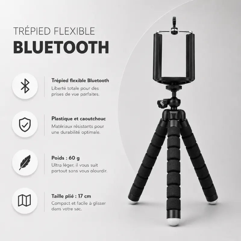 Infographie trépied flexible Bluetooth noir : matériau plastique et caoutchouc, poids 60 g, taille plie 17 cm - 4 avantages : télécommande Bluetooth, léger, compact, facile a glisser dans un sac