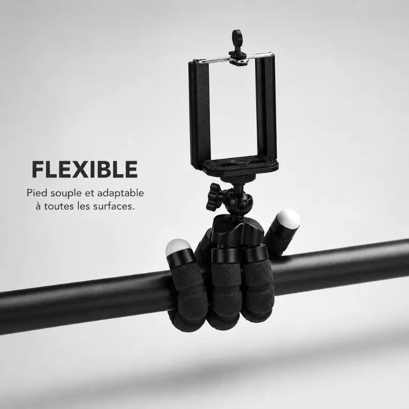 Trépied flexible noir accroché sur une barre horizontale avec support téléphone vide - infographie : flexible, pied souple et adaptable a toutes les surfaces