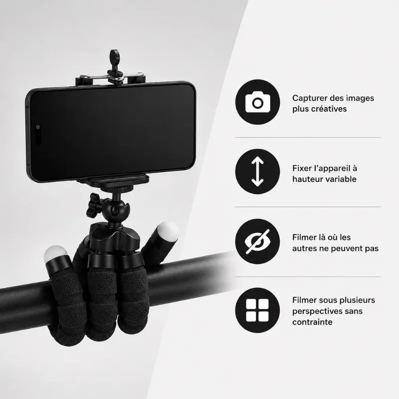 Trépied flexible noir accroché sur une barre horizontale avec smartphone en mode paysage - infographie 4 avantages : capturer images créatives, fixér à hauteur variable, filmer la ou les autres ne peuvent pas, filmer sous plusieurs perspectives