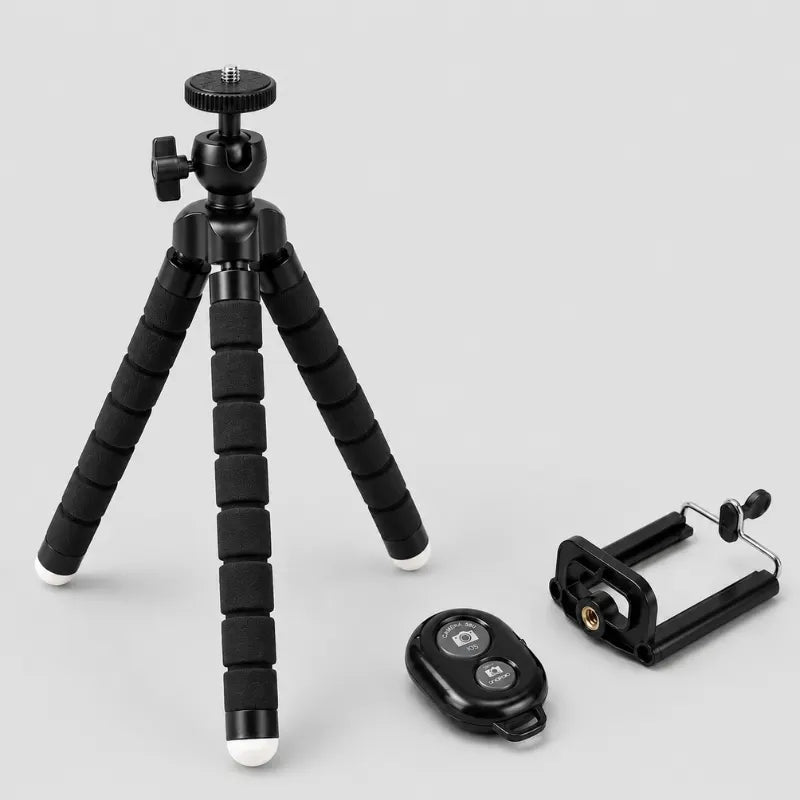 Trépied flexible noir avec rotule à bille noire, support téléphone noir et télécommande Bluetooth noire posée a côté, sur fond gris