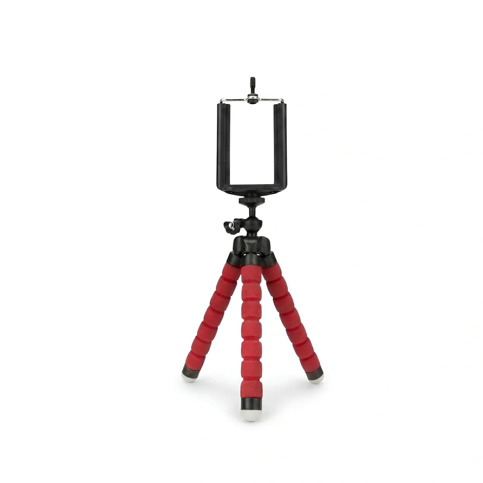 Mini trépied flexible rouge avec jambes articulees en mousse rouge et support téléphone noir en haut, rotule à bille noire, sur fond blanc