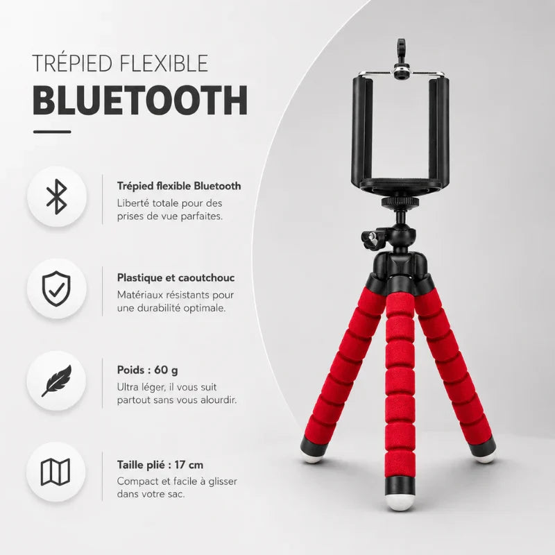 Infographie trépied flexible Bluetooth rouge : matériau plastique et caoutchouc, poids 60 g, taille plie 17 cm - 4 avantages : télécommande Bluetooth, léger, compact, facile a glisser dans un sac
