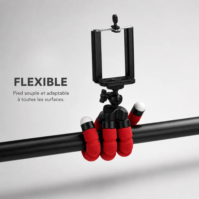 Trépied flexible rouge accroché sur une barre horizontale avec support téléphone vide - infographie : flexible, pied souple et adaptable a toutes les surfaces