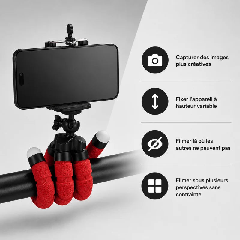 Trépied flexible rouge accroché sur barre horizontale avec smartphone en mode paysage - infographie 4 avantages : capturer images créatives, fixér à hauteur variable, filmer la ou les autres ne peuvent pas, filmer sous plusieurs perspectives