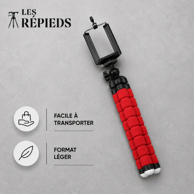 Mini trépied flexible rouge replié à plat avec support téléphone monté - logo Les Trépieds - infographie : facile a transporter, format léger