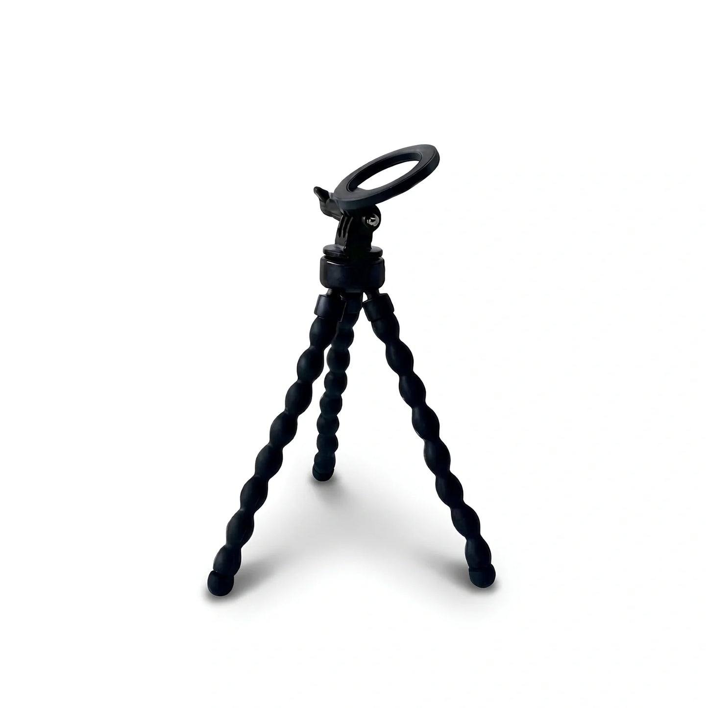 Mini trépied flexible magnétique noir avec support magnétique rond et pince en haut, trois jambes articulees en boules noires, sur fond blanc
